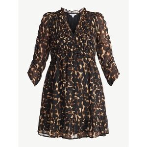 TIME & TRU Smocked Chiffon Mini Dress Sz XXXL (22W) Brown Leopard Animal 3XL NWT